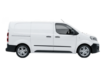White panel van isolated on transparent background, side view of a modern commercial vehicle