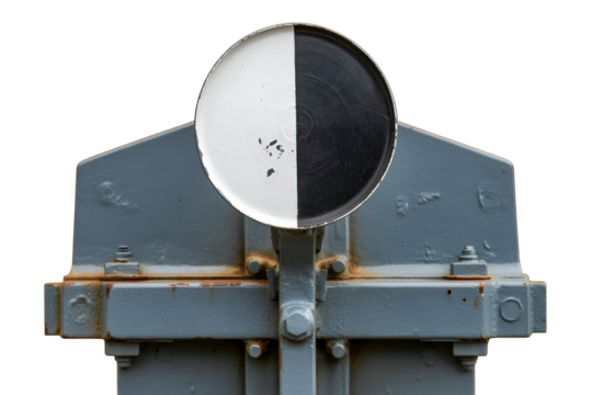 Close up of a vintage railway signal with a black and white disc isolated on transparent background