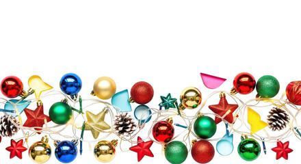 Colorful christmas ornament string light border isolated on transparent background