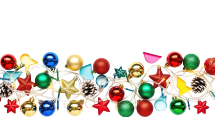 Colorful christmas ornament string light border isolated on transparent background
