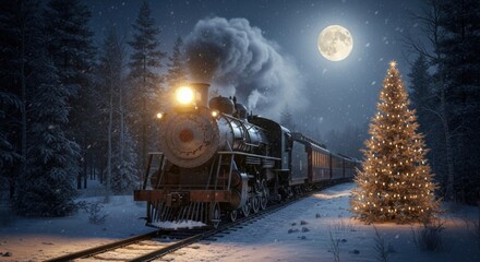 Steam train traveling through snowy forest at night