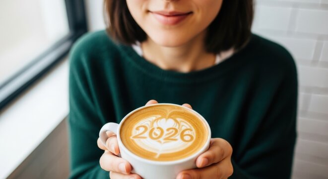 Woman holding coffee cup with 2026 latte art