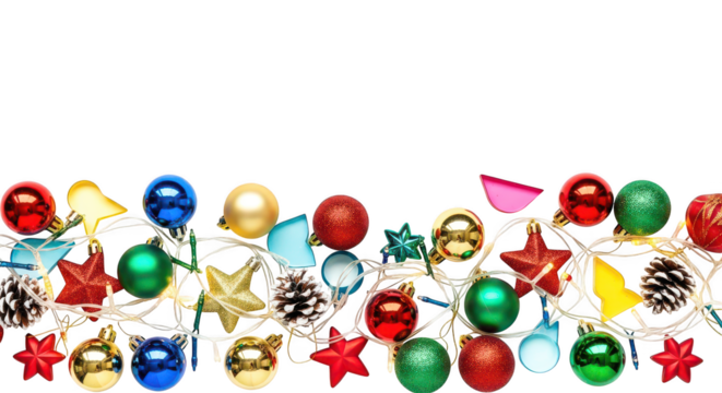 Colorful christmas ornament string light border isolated on transparent background