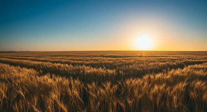 Golden wheat field at sunset under a bright, clear blue sky, warm sunlight