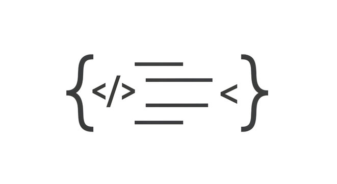 Minimalist black and white icon representing code transformation or data processing flow between curly braces isolated on transparent background