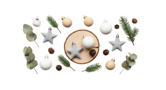 Christmas ornament flat lay with star, pine branch, and eucalyptus isolated on transparent background
