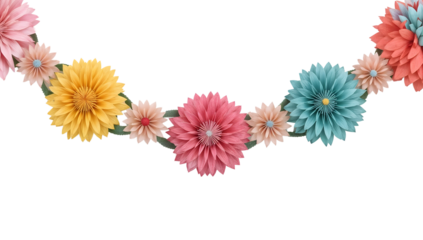 Colorful paper flower garland isolated on the transparent background for spring decoration, party banner, and diy crafts