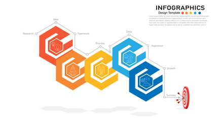 Business success process infographic template with 8 steps, research, idea, teamwork, process, data, aspiration, growth, and target goal achievement.