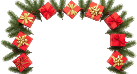 Christmas garland border with red gift box decoration isolated on transparent background
