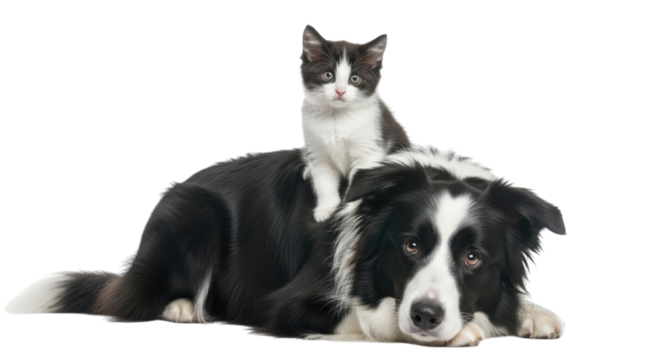 Black and white cat sitting on a black and white dog transparent background cutout png