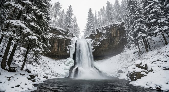 Waterfall in snowy forest landscape - Powered by Adobe