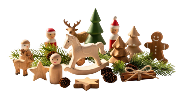 Collection of wooden christmas decoration figures isolated on transparent background