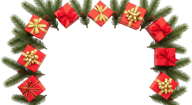 Christmas garland border with red gift box decoration isolated on transparent background