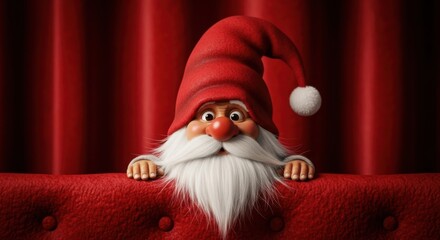 Charming animated gnome looks out from a red backdrop