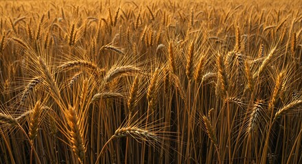 Golden wheat field bathed in sunlight, stalks swaying gently in the breeze
