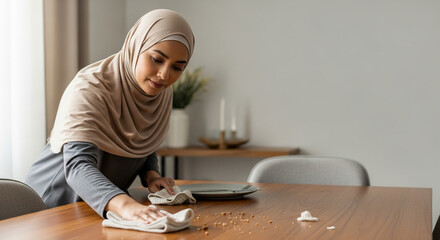 Muslim woman cleaning table after meal in modern dining room  