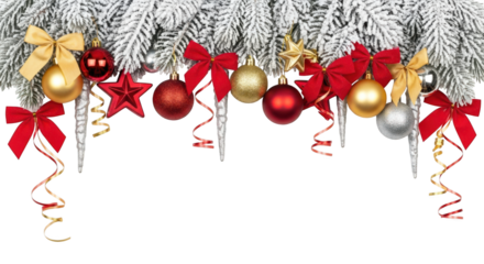 Christmas border decoration with ornament, bow, and icicle isolated on transparent background