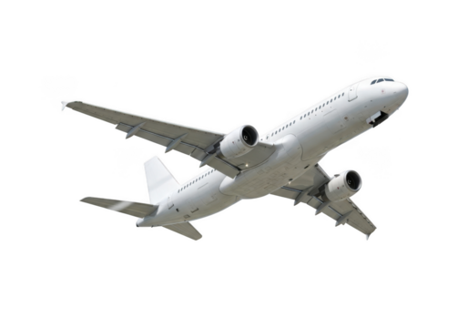 A white passenger airplane in flight, isolated on transparent background