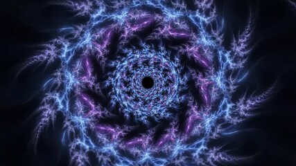 Seamless looping animation of intricate neon blue and purple fractal patterns rapidly expanding in a complex helical spiral spiral, rapidly expanding, tunnel - Powered by Adobe
