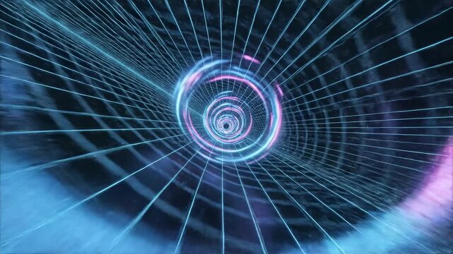 Rapidly spinning bright neon blue and magenta light trail tracing a digital helical path across a dark three dimensional grid space illumination, rendering, modern