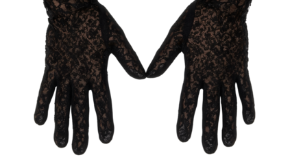 Elegant black lace gloves on the transparent background, vintage accessories, fashionable women's handwear, delicate feminine style, classic textile trend