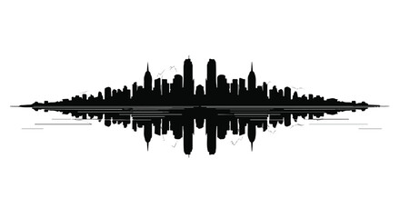 Obraz premium Symmetrical black silhouette of a modern city skyline reflected in water, creating an abstract sound wave effect.