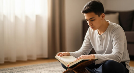 Muslim teen reading Quran at home with focused expression