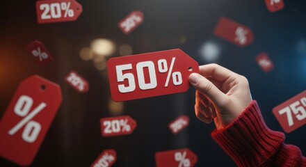 Person holds a sale tag surrounded by floating discounts