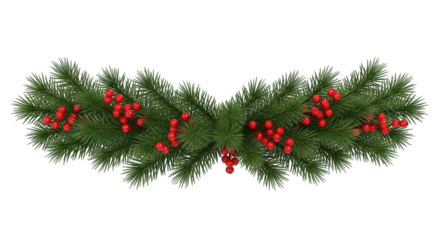 Christmas fir garland with red berry decoration isolated on transparent background