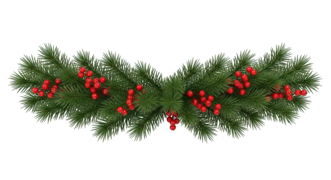 Christmas fir garland with red berry decoration isolated on transparent background