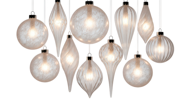 Collection of clear glass christmas ornament light fixture isolated on transparent background