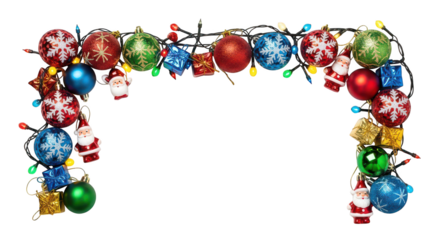 Christmas ornament and light garland border isolated on transparent background