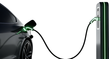 Modern electric vehicle charging battery with green light indicator isolated on transparent background