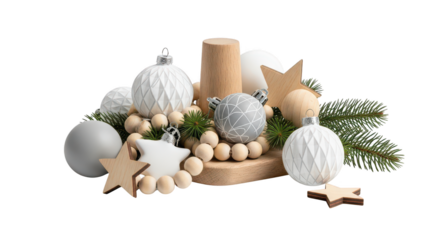Christmas decoration arrangement with wooden beads and baubles isolated on transparent background
