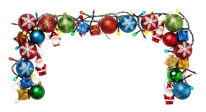 Christmas ornament and light garland border isolated on transparent background