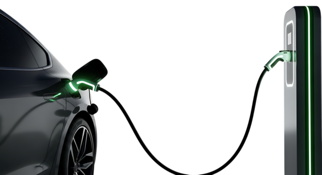 Modern electric vehicle charging battery with green light indicator isolated on transparent background