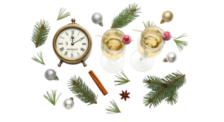 New year celebration flat lay with clock, champagne, and fir branch isolated on transparent background