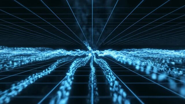 Seamlessly looping stream of glowing blue digital data particles flowing rapidly across a dark abstract grid background signifying connectivity and big data graphics, looping, concept