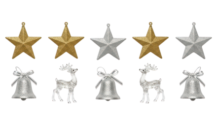 Collection of gold and silver glitter christmas ornaments isolated on transparent background