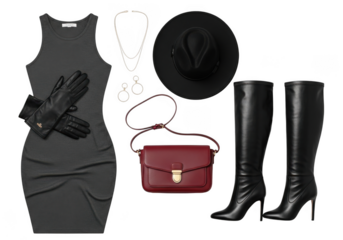 Fashionable outfit with a dark grey dress, black leather gloves, burgundy handbag, black hat, and tall black boots isolated on transparent background