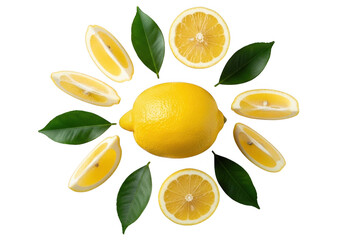 Fresh lemons and slices arranged with leaves isolated on transparent background