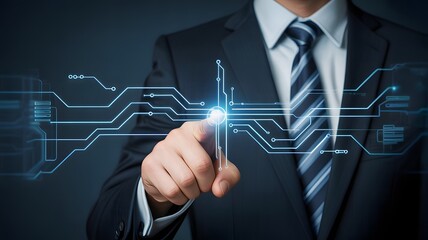 Businessman touching a glowing digital circuit board interface with his finger on a dark background