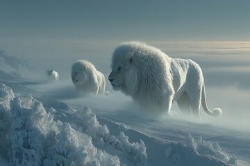 Majestic white lion walking through snowy wilderness high resolution picture