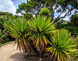Lush, spiky plants thrive, a coastal landscape bathed in sunlight