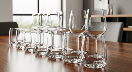 A collection of various clear glass drinking vessels, including tumblers and wine glasses, arranged on a polished wooden table.