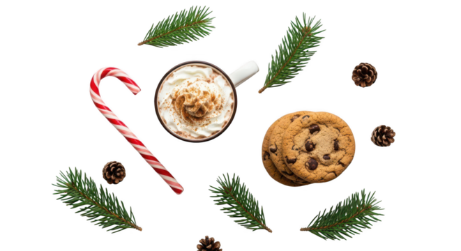 Hot chocolate cookie candy cane pine branch and cone isolated on transparent background