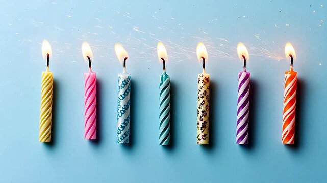 Six lit birthday candles on blue background