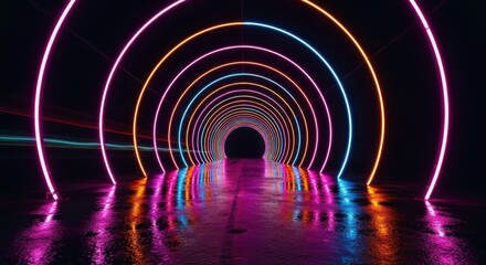 Vibrant Neon Light Tunnel Reflecting on Wet Floor