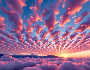 Sunset Sky with Colorful Clouds and Distant Mountain Silhouettes