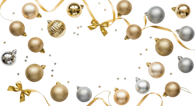 Christmas ornament border frame with gold ribbon isolated on transparent background